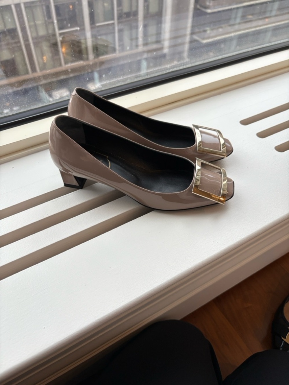 Roger Vivier Taupe Patent Square-Toe Pumps with Gold Buckles - Picture 3 of 4